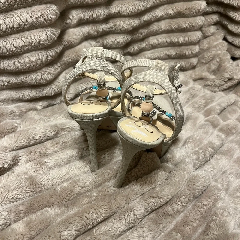 Jessica Simpson Beaded T-Strap Beige and Turquoise Platform Sandals - Picture 3 of 7